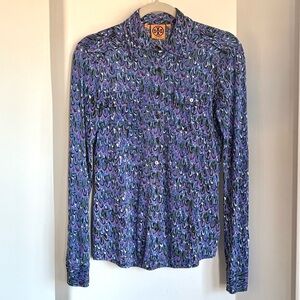 Tory Burch Silk Patterned Button Down Shirt Purple Blue XS